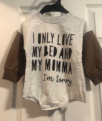 Boys One-piece Gray & Brown 6-12 Mos (70 EU).  I Only Love My Bed And My Momma 