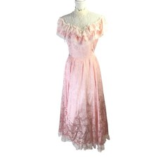 Vintage Gunne Sax Dress Jessica McClintock Prairie Lace Pink Maxi Long High Neck