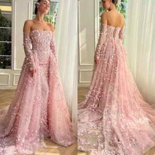 Pink Off Shoulder Mermaid Evening Dresses Sequins 3D-Floral Applique Prom Gowns