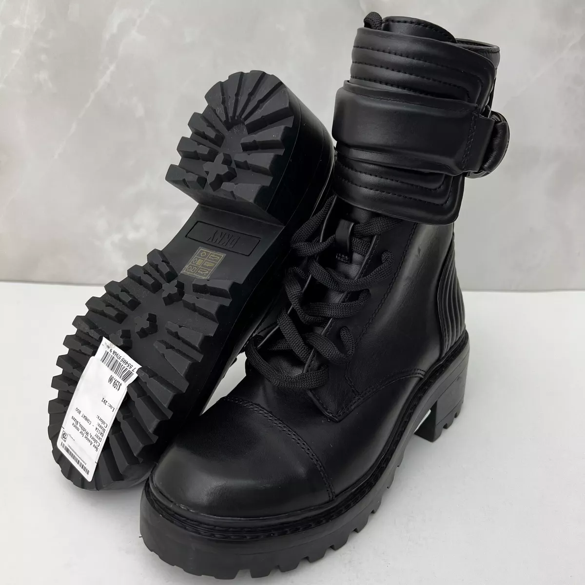 DKNY Women's Black Leather Lace-Up Hight-Top Basia Combat Boots Size 5M