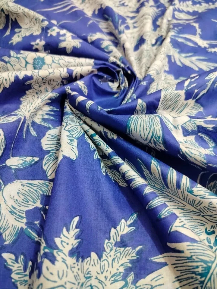 25 Yards Fabric Indian Blue Floral Hand Printed Cotton Fabric Sewing Fabrics - Image 2 of 4