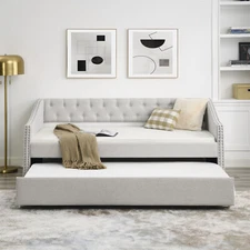 Twin/Full Size Daybed with Twin Size Trundle Upholstered Tufted Sofa Bed