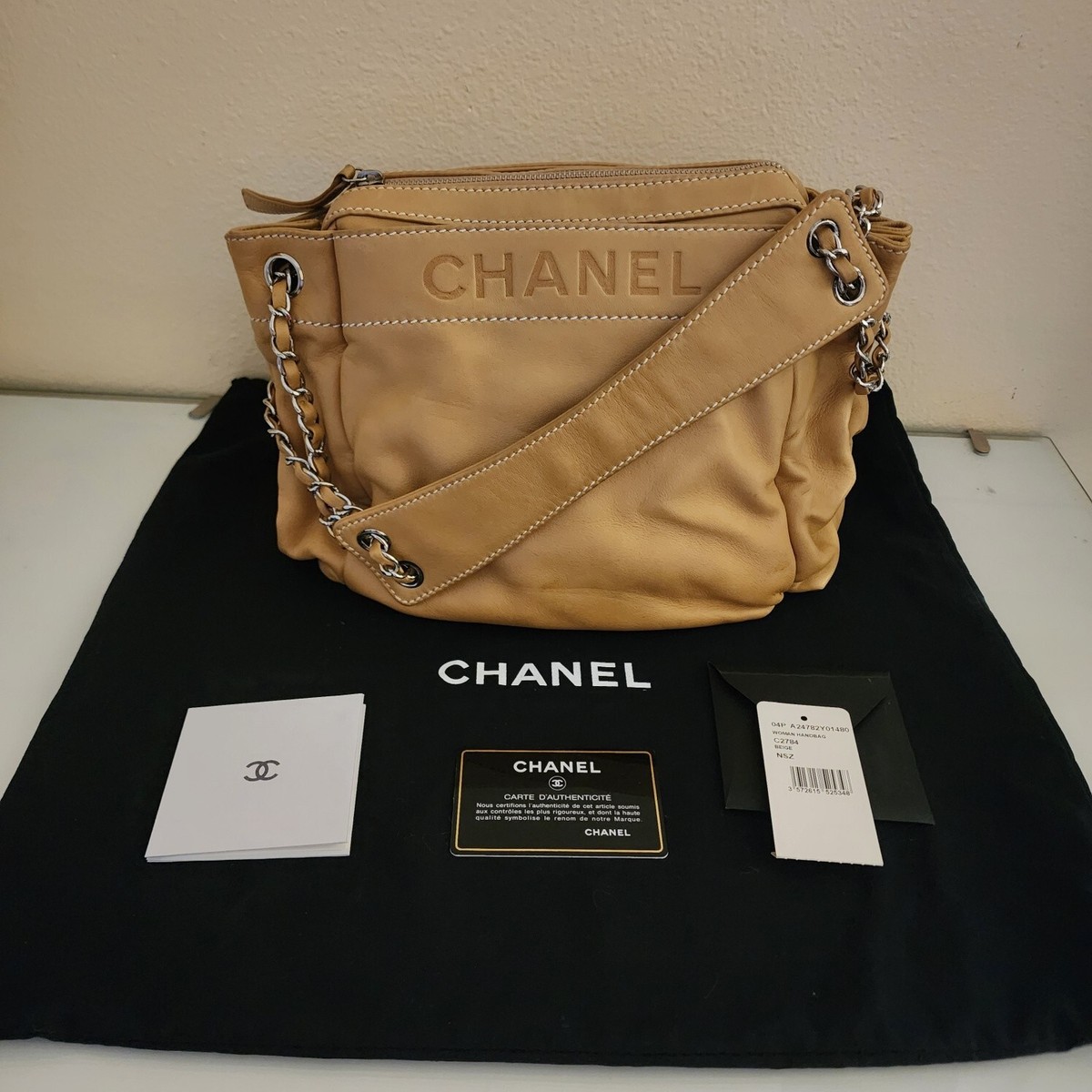 CHANEL Lax Accordion Beige Lambskin Leather Chain Strap Small