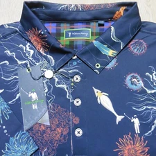 WILLIAM MURRAY Mens XL X-LARGE POLO SHIRT ELECTRIC SEA OCEAN FISH navy blue