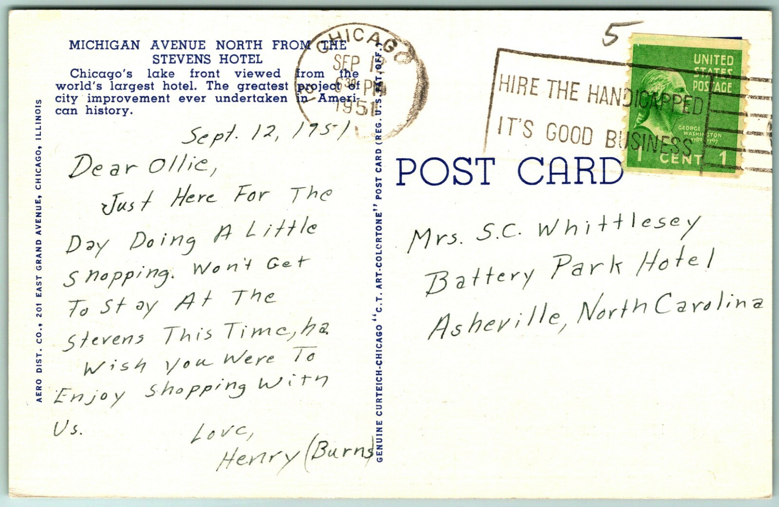 Stevens Hotel Michigan Avenue Street View Chicago Illinois IL Linen Postcard I5