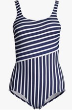Land's End One Piece Whole Swimsuit Navy Blue White Striped Size 22 W Padded