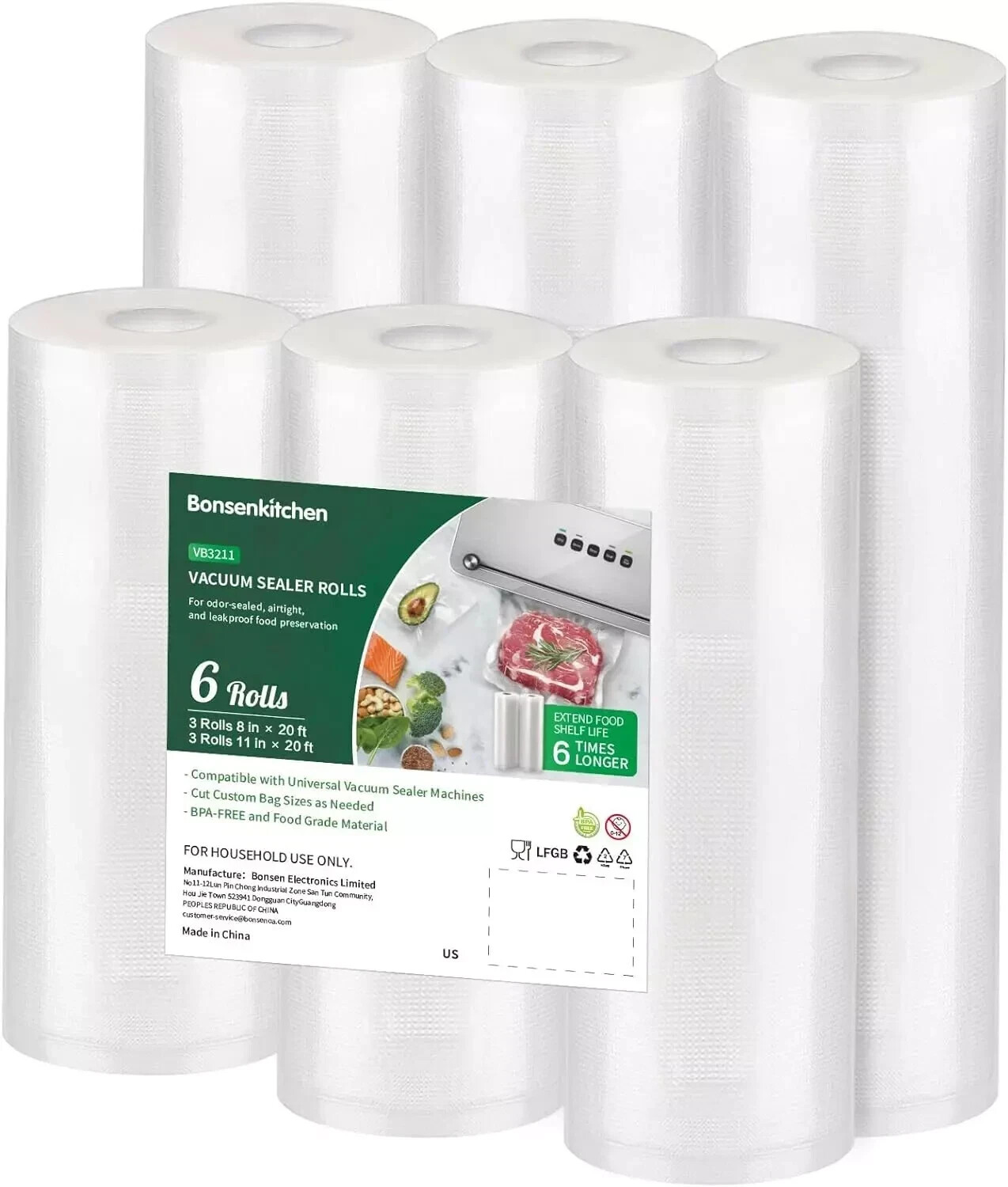 Bonsenkitchen 6-Pack Vacuum Sealer Rolls - 3 Rolls 11x20ft + 3 Rolls 8x20ft for Food Preservation