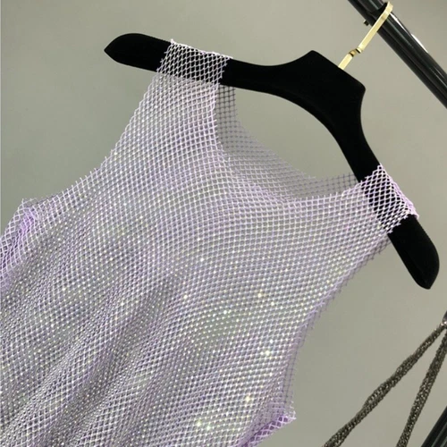 Damen Kristall Mesh Camisole Tank Top Glitzer glänzend ausgehöhlt Weste Weste - Bild 13 von 25