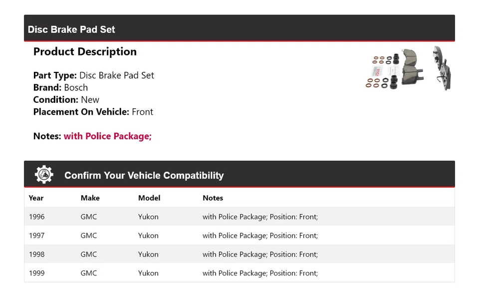 Pastillas de freno delanteras de cerámica QuietCast 1997 1998 para GMC Yukon Bosch 1996-1999 Foto 2 de 4