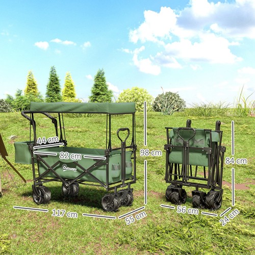 Outsunny Outdoor Push Pull Wagon Stroller Cart w/ Canopy Top Green - Picture 3 of 11