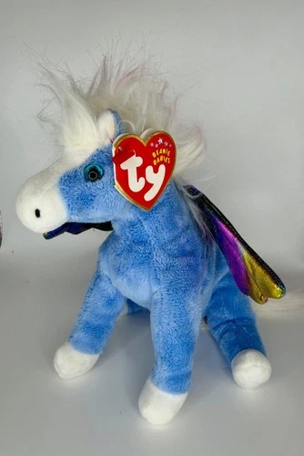 Vintage 2002 Ty Beanie Baby Pegasus the Blue Flying Horse w/ Iridescent Wings