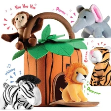 Play22 6-Piece Plush Talking Jungle Animals Set with Carrier for Kids, Babies...
