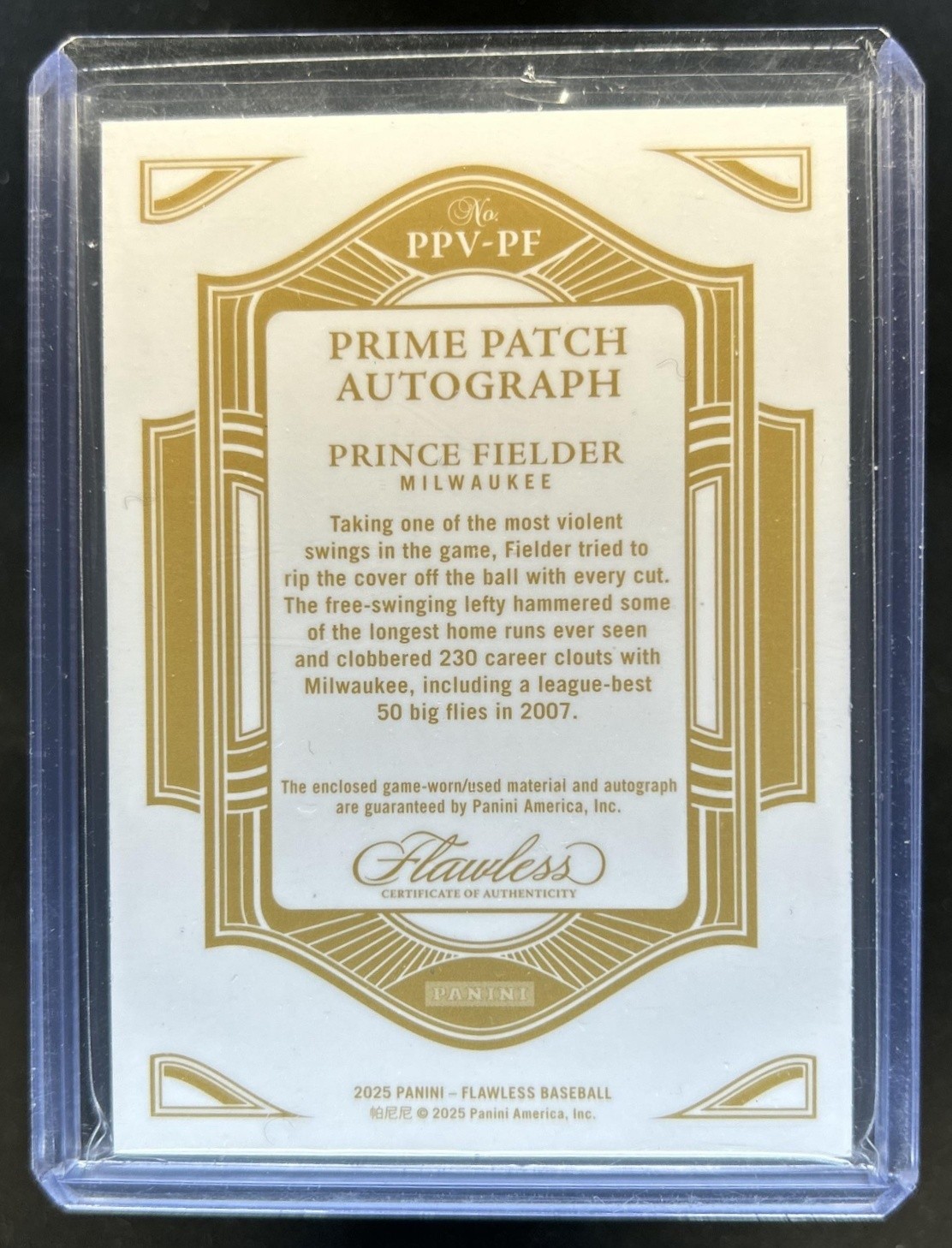 2025 Panini Flawless Prince Fielder Prime Patch Auto Vertical Ruby #/20 Brewers view 2