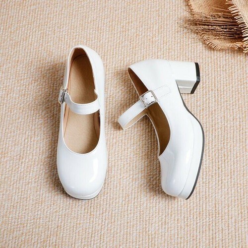 Women's Shiny Faux Leather Mary Janes Dress Casual Round Toe Block Heels Shoes - Picture 5 of 20