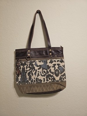 Myra Bag Brown Canvas Tote with  Brown and Cream Patterned Tote Bag - Unbranded
