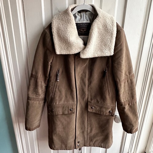 Zara Denim Couture Faux Shearling Collar Coat