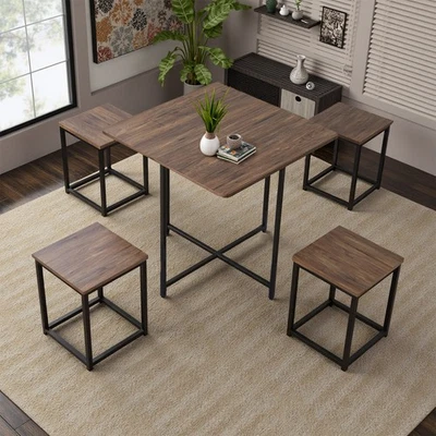Compact Dining Table and Chairs Space Saving Kitchen Modern Set 4 Square Stools