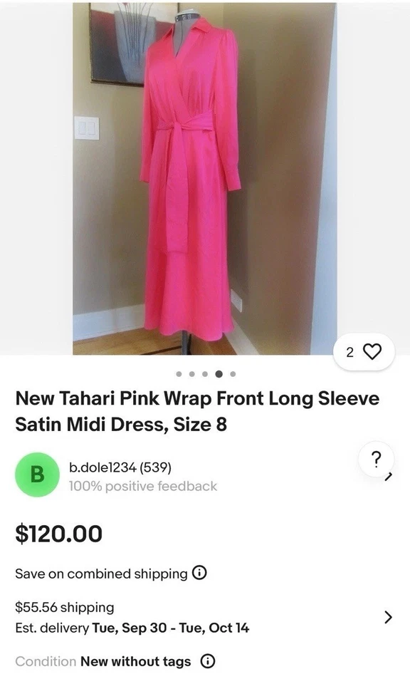 $178 Pequeño Mediano US 6 ❤️ Vestido Midi Tahari ASL Rosa Envolvente Manga Larga Satinado Foto 2 de 4