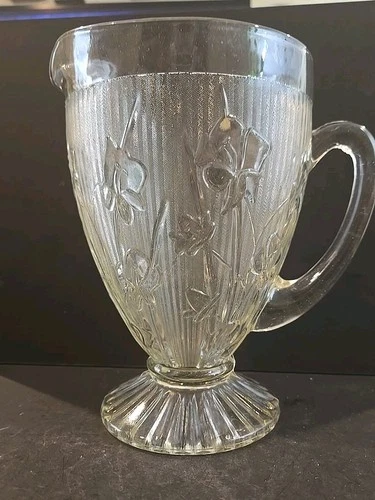 Jeanette Depression Glass Iris & Herringbone 9" Clear Footed Pitcher 1923-1932