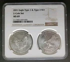 2021 Type 1 and Type 2 $1 American Silver Eagle Dollars NGC MS69