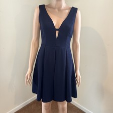 She + Sky Navy Blue Sleeveless Fit & Flare Dress V-Neck Cutout Size M Chic Class