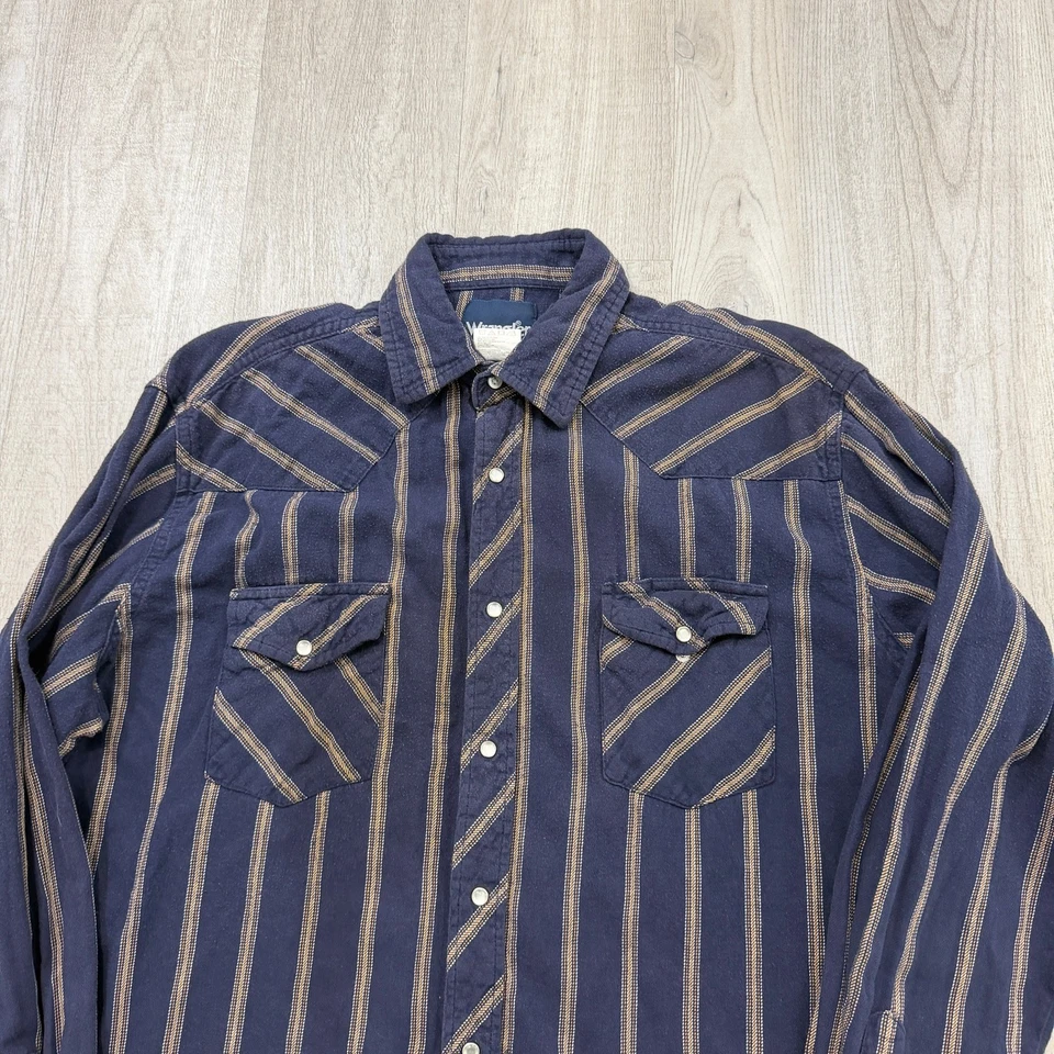 Vintage Wrangler Pearl Snap Shirt Men's XL Blue Striped Western 90s Cowboy Rodeo - Image 2 of 4