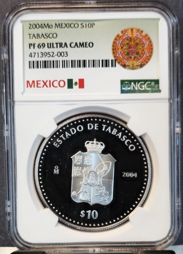 2004 MEXICO SILVER 10 PESOS S10P STATE OF TABASCO NGC PF 69 ULTRA CAMEO TOP POP