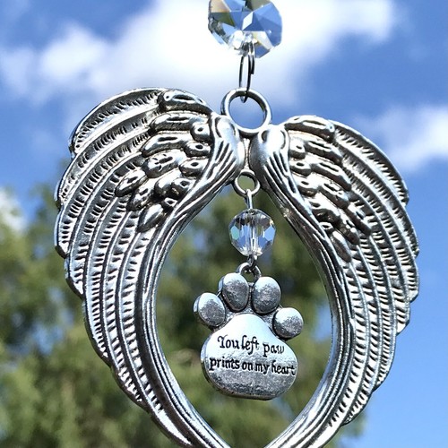 New Memorial Angel Wing Pet Loss Sun Catcher Paw Print ~ Cat Dog Various Colours - Picture 68 of 68
