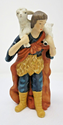 Nativity Set Shephard Replacement Porcelain Rust Robe  6'' Carrying a Lamb EUC