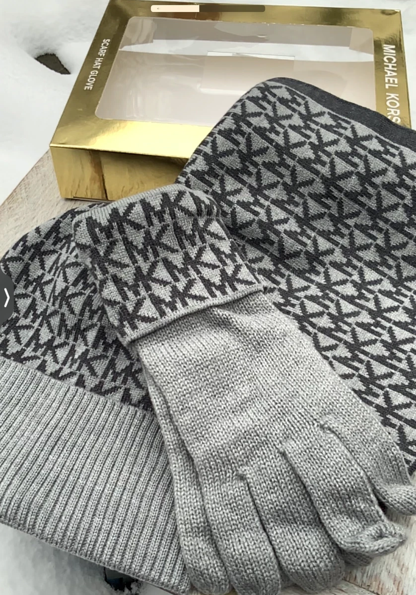 Michael Kors Logo 3 Piece Grey Scarf Hat Gloves Gift Box