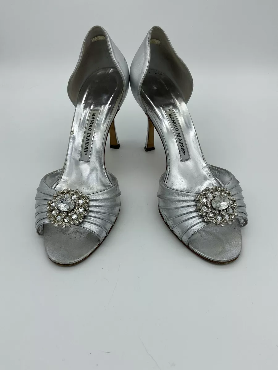 Manolo Blahnik D'Orsay Wedding Silver Leather Shoes Heels EU 39.5 US 9.5