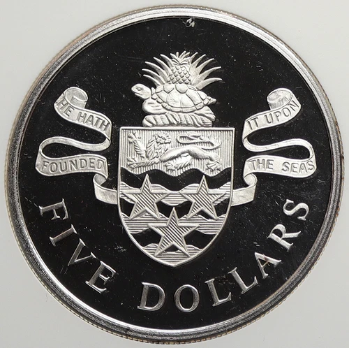 1975 CAYMAN ISLANDS UK Queen Elizabeth II 4.2cm Proof Silver $5 Coin NGC i106276