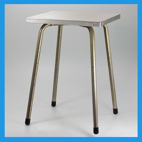Vintage alt silber Metall beige Holz Küchen Bartisch Werkstatt Hocker Stuhl 70er