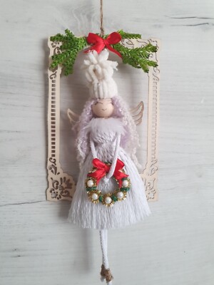 Makramee Engel Rahmen Fee Wandbehang Boho Deko Puppe Geschenk Weihnachten Kommunion 