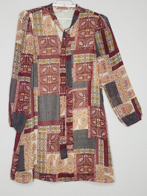 DR2 Shift Dress Sz Medium Multicolor Paisley Print Tie V-Neck Knee Length Lined