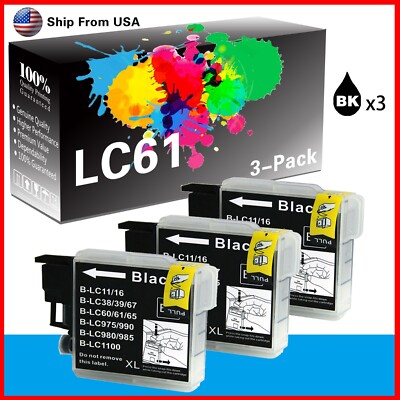 3 Cartucce Inchiostro Nero Compatibili LC61 Per Stampanti Brother MFC-J265W, J270W, J410W, J415W