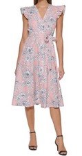TOMMY HILFIGER Flutter Sleeve Midi Dress, Striped Floral, Geranium, Size 4, $129