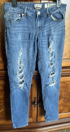 Indigo Rein Women's Juniors Size 11 Blue Skinny Distressed Stretch Jeans 30x27