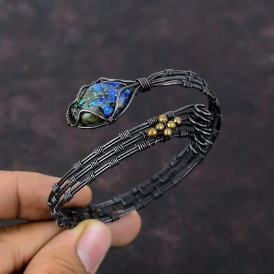 Azurite Malachite Wire Wrapped Adjustable Cuff Handcrafted Copper Unique Gift - Image 1 of 4