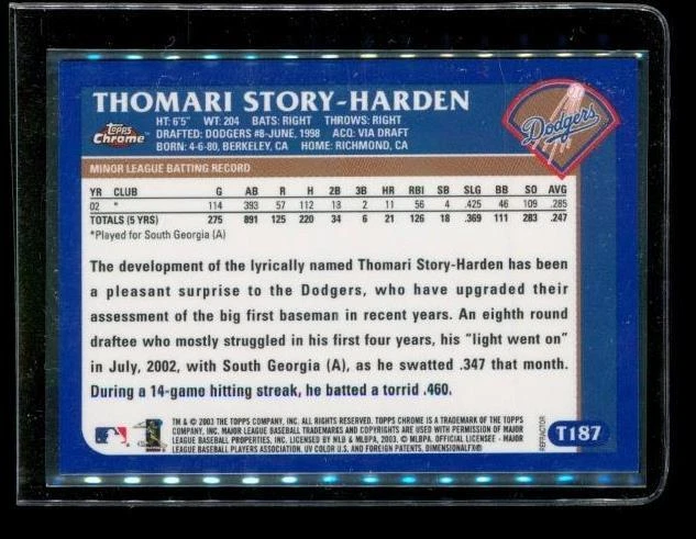 2003 TOPPS CHROME 1ST Refractor Baseball Card T187 THOMARI STORY-HARDEN Dodgers - Image 2 of 2