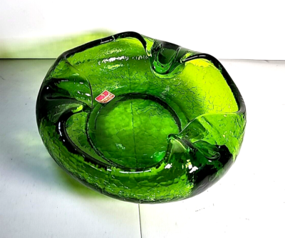 Vintage Mid Century Large Green Viking Crackle Glass Cigar Ashtray