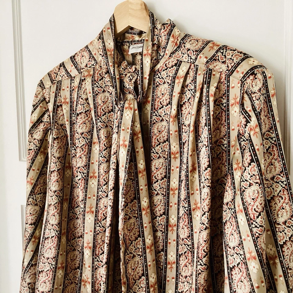 Blusa De Colección JH Coleccionables 14 Sedosa Coño-Lazo Cuello Corbata Florla Rayas Cottagecore Foto 4 de 4