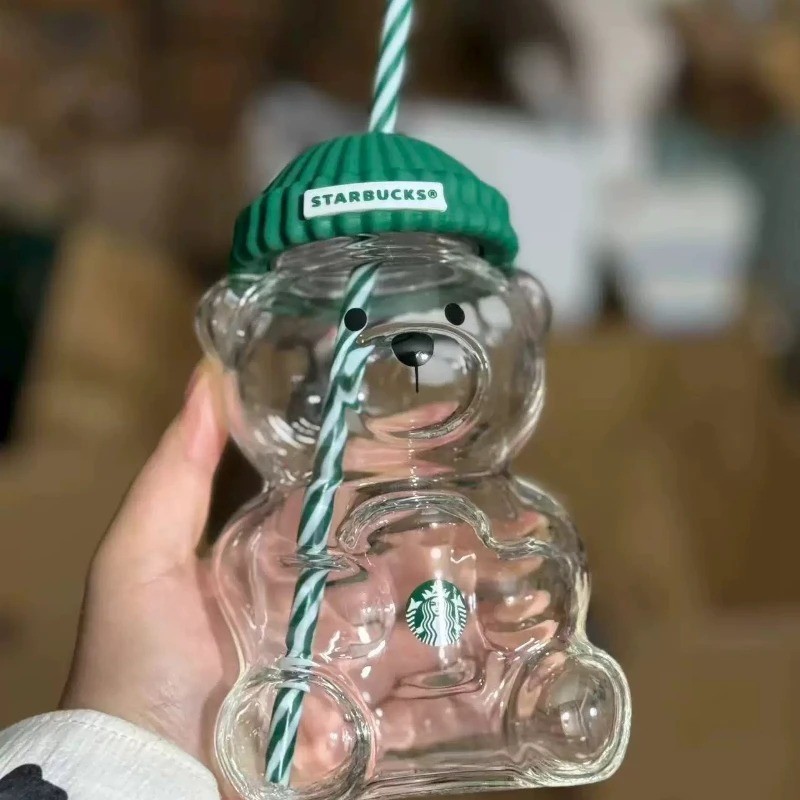 Starbucks Bearista Bear Clear Glass Tumbler 591ml 20oz Green Lid With Straw Cold