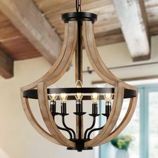 Farmhouse Chandelier 5-Light, Wood Adjustable Height Hanging Light Fixture