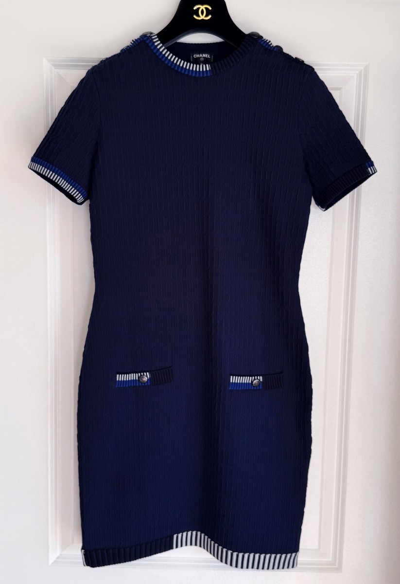 CHANEL 19P NAVY BLUE WHITE SHORT SLEEVE MINI DRESS 36