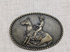 vintage 1970s belt buckle COWBOY john wayne WESTERN horse BRASS rodeo