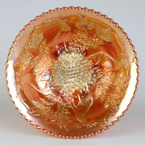 Fenton Stag and Holly Marigold Carnival Nut Bowl, Antique c1912 Spatula 7 5/8"