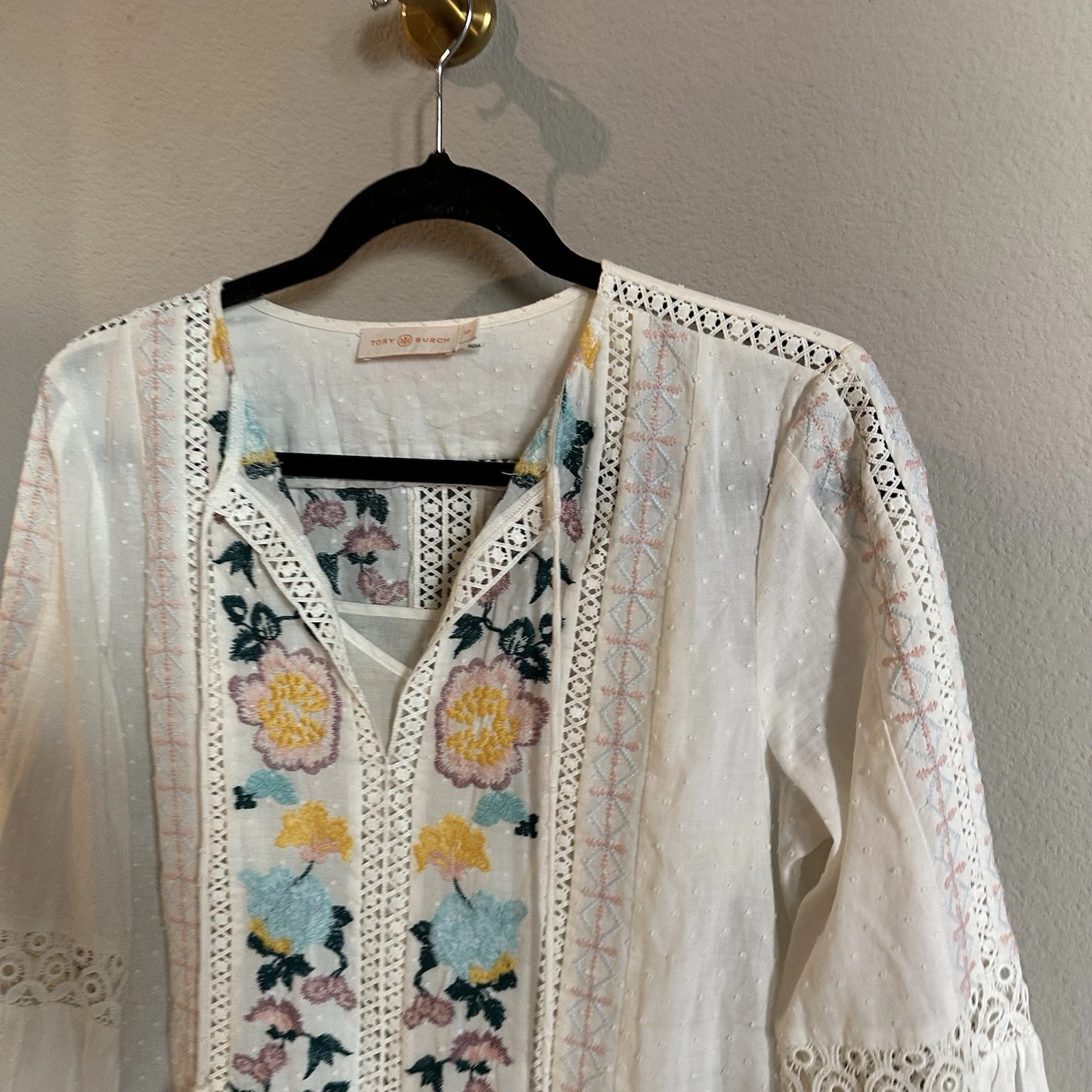 Tory Burch mini abito tunica hippie boho ricamato all'uncinetto donna taglia small