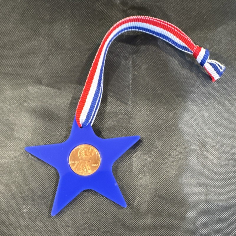 Blue Star Ornament with 2022 Penny, Red White Blue Ribbon, Patriotic Decor