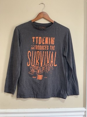 TTDENIM by Tom Tailor Long Sleeve Graphic Survival Tee Gray Orange Print Size S